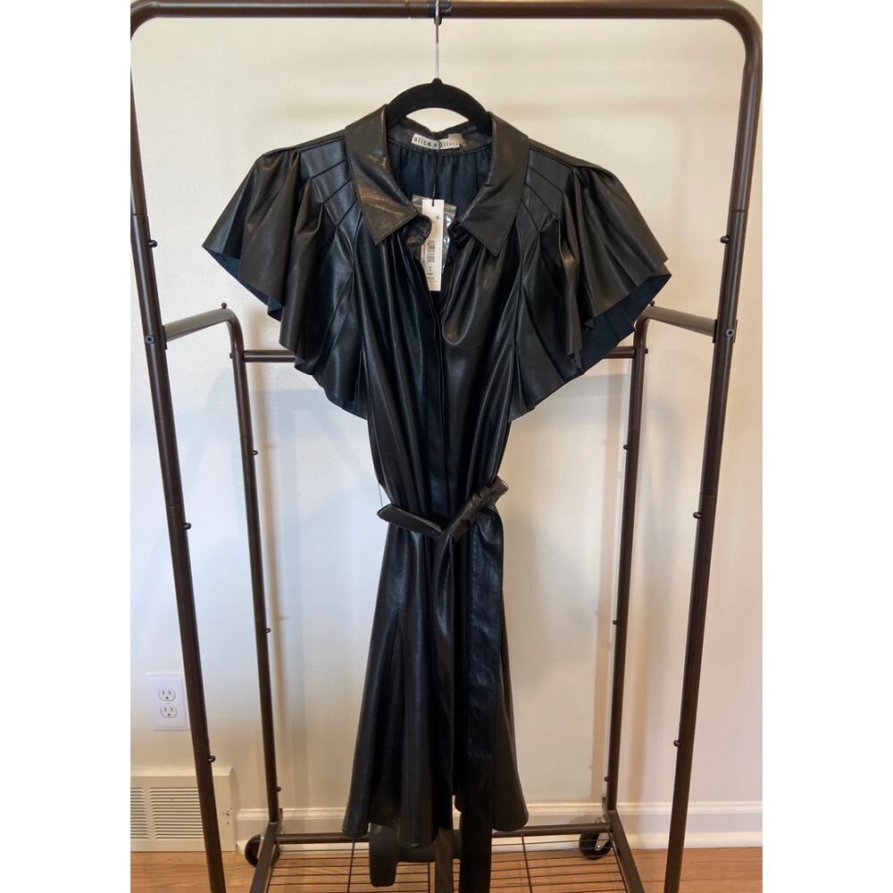 Alice and Olivia McKell Vegan Leather Flutter-Sleeve Mini Dress size 2 - Picture 3 of 7